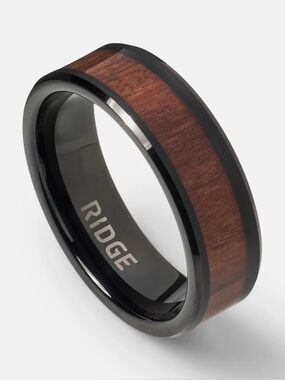 RIDGE Tungsten Wedding Band Men’s 6mm/8mm Mopane Wood -Black BEVELED Ring NEW